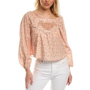 A COLLECTIVE STORY Sessia Top Floral Boho Peasant Embroidered Cotton Peach Small